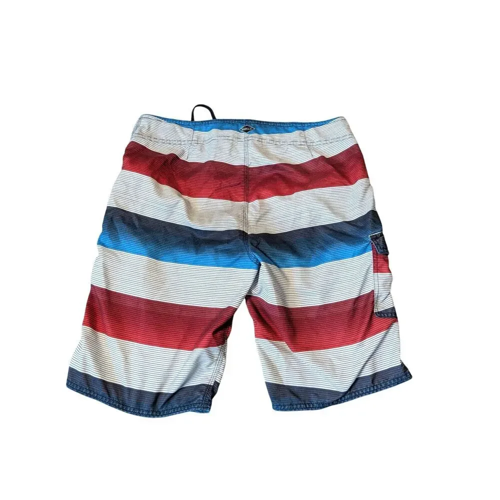 O'NEILL Mens Santa Cruz red, white & blue striped board shorts; Swim trunks; 32
